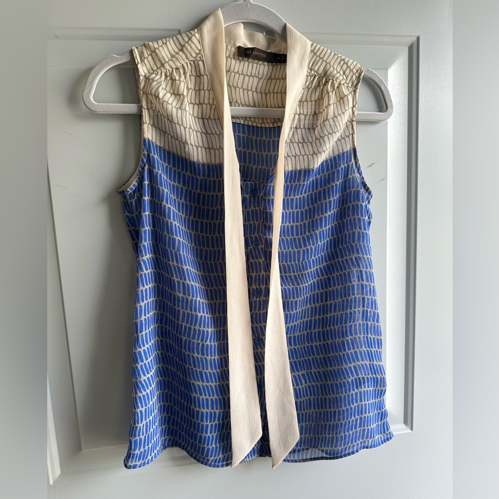 The Limited Cream and Blue Smocked Sleeveless Blouse